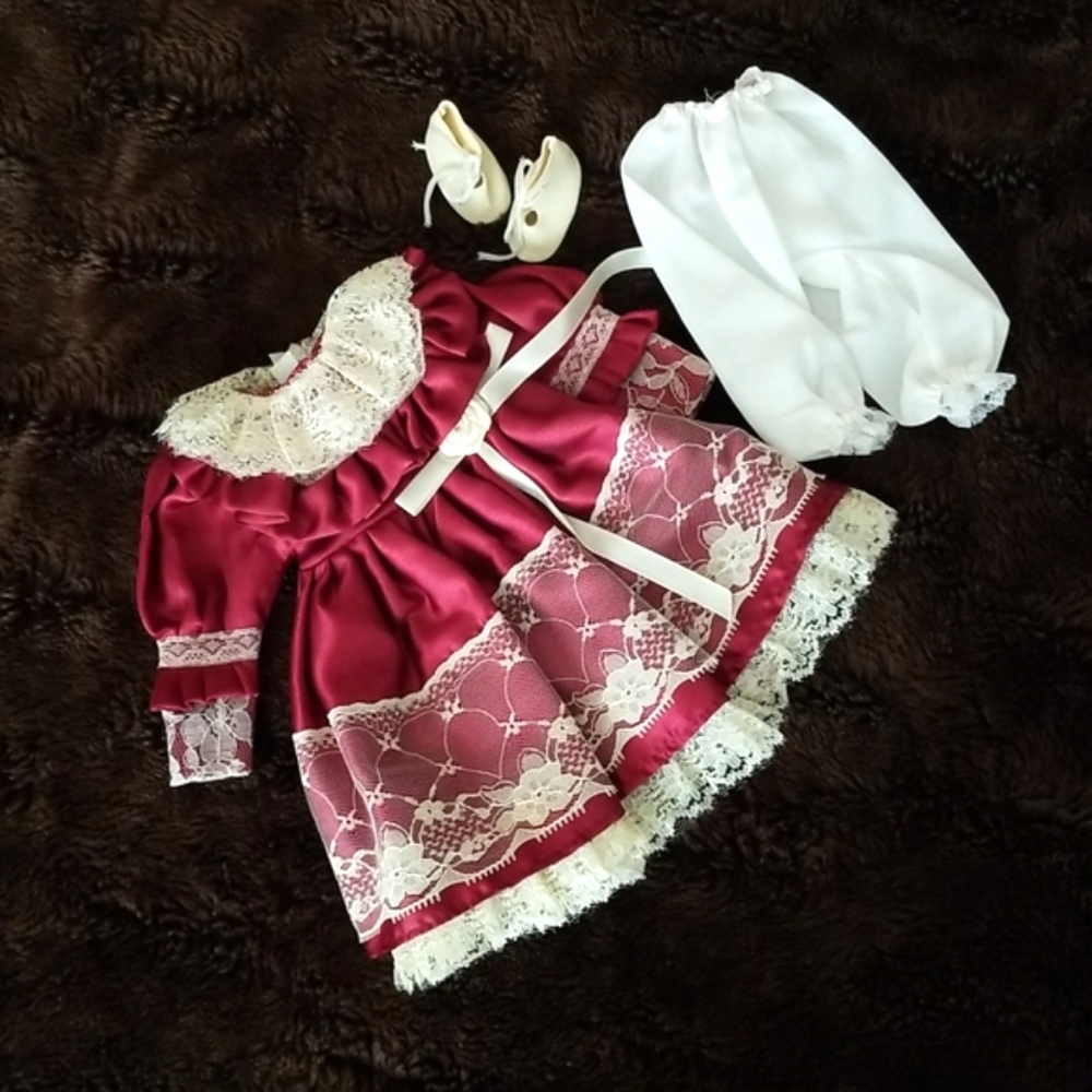 World Bazaar Inc. Red Satin/White Lace Doll Dress, Pants & Shoes Set
